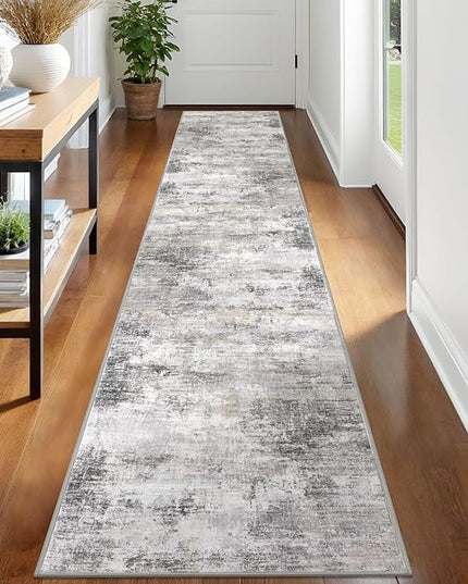 IOHOUZE Abstract Runner Rug 2x12 Ft Washable Runners for Hallways, Non Slip Kitchen Runner Printed Faux Wool Entryway Runner Indoor, Modern Abstract Floor Carpet for Hall Kitchen, Grey Beige