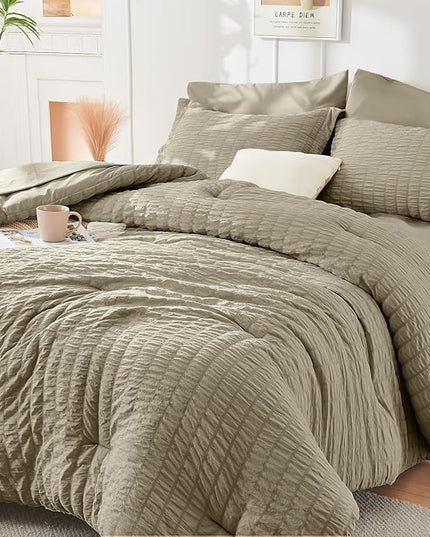 HYMOKEGE Linen King Size Comforter Set Seersucker 7 Pieces, All Season Luxury Bed in a Bag for Bedroom, Bedding Set with Comforter, Sheets, Pillowcases & Shams