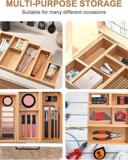 Bamboo Drawer Organizer 5 Pcs for Kitchen Multi-purpose Storage Dividers for Kitchen, Office, Jewelry, Cosmetics, Wooden Drawer Dividers for Drawer Organizer Desk Organizer Gift for Women Gifts Idea
