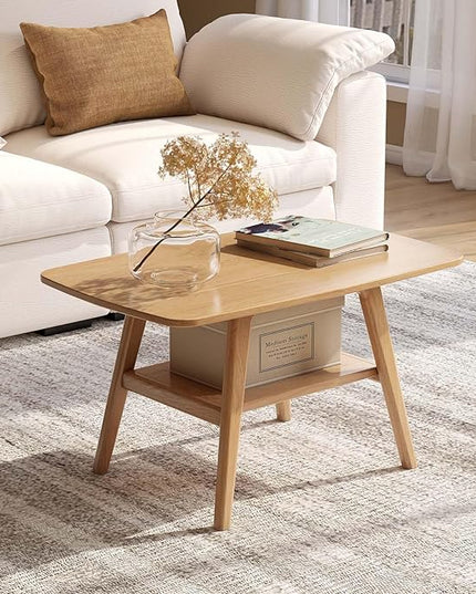 100% Solid Oak Wood Coffee Table for Living Room, Small Table with Shelf Storage, Mid Century Modern Coffee Tables with Rounded Corners for Home (Natural, 31.49" x 19.68" x 17.32")