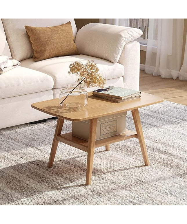100% Solid Oak Wood Coffee Table for Living Room, Small Table with Shelf Storage, Mid Century Modern Coffee Tables with Rounded Corners for Home (Natural, 31.49" x 19.68" x 17.32")