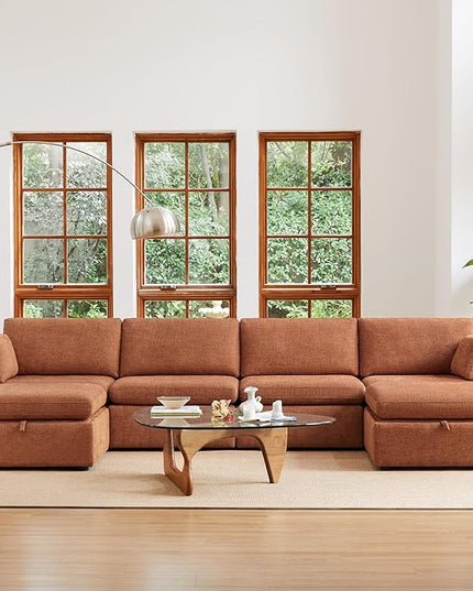 CHITA Terracotta 6-Seat U-Shaped Modular Sofa Set, Extra Large Sectional Couch with Reversible Chaise, 146 inch Width, Sofa with Storage Ottomans