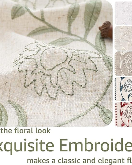 jinchan Winslow Linen Curtains for Bedroom 63 Inches Length Embroidered Bordered Floral Curtains for Living Room Farmhouse Decor Light Filtering Window Treatments Sage on Beige Drapes 2 Panels