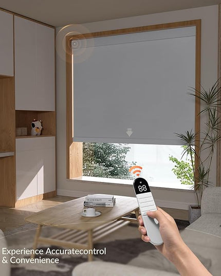 Boolegon Motorized Roller Blinds with Remote Control, Blackout Linen Fabric-Matched Automatic Roller Shades for Windows, Rechargeable Electric Window Shades for Home, Office, White, Custom Now