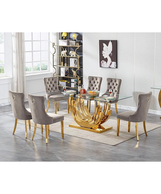 Henf 7-Piece Glass Dining Table Set with 6 Upholstered Dining Chairs, Large Gold Dining Table and Chair Set for 6, Modern Kitchen Table Furniture for Dining Room, Stainless Steel Base and Glass Top
