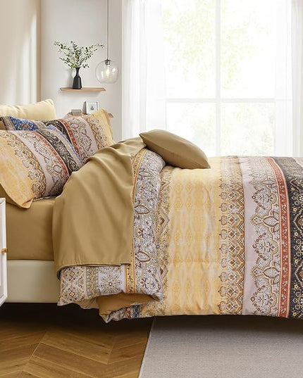 Cottolester Boho Queen Comforter Set 8 Pieces, Yellow Bohemian Striped Bed in a Bag, Paisley Soft Microfiber Bedding Comforter Set