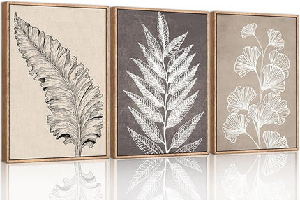 HOURIA Abstract Boho Fern Leaf Floral Framed Canvas Wall Art Set,Vintage Botanical Leaves Wildflower Decor,Modern Minimalist Nature Inspired Beige & Brown Artwork for Living Room,Farmhouse-24 x36 x3