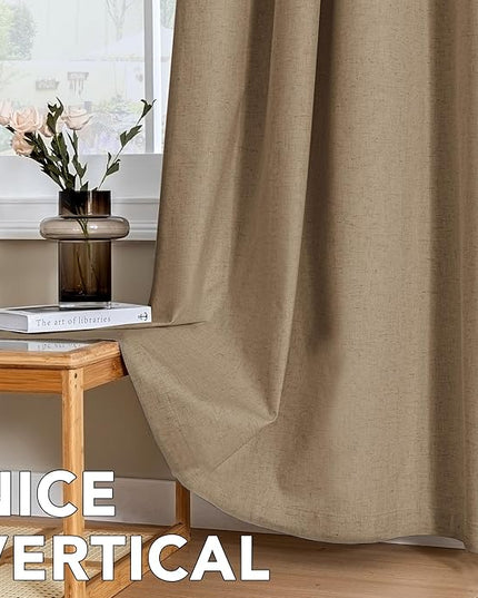 H.VERSAILTEX Linen Curtains 100% Blackout Curtains for Bedroom 96 inch Long Full Light Blocking Nature Linen Blended Window Curtains for Living Room Nickel Grommet (2 Panels, Heathered Macchiato)