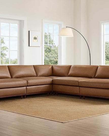 CHITA 114" Super Large Luxury V Shape Corner Sectional Modular Sofa, Down Filled Modern Sofa, Deep Seat Comfty Cloud Couch, 5 Seat Couch with Chaise, Solid Wood Leg, Faux Leather in Camel
