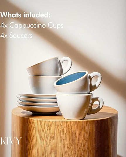 KIVY Cappuccino cups set of 4 [8oz] - Thick-walled stoneware cappuccino cup set for latte art - Latte mugs - Latte cups - Coffee mug - Latte art cup - Ceramic latte cup and saucer set of 4 - Blue