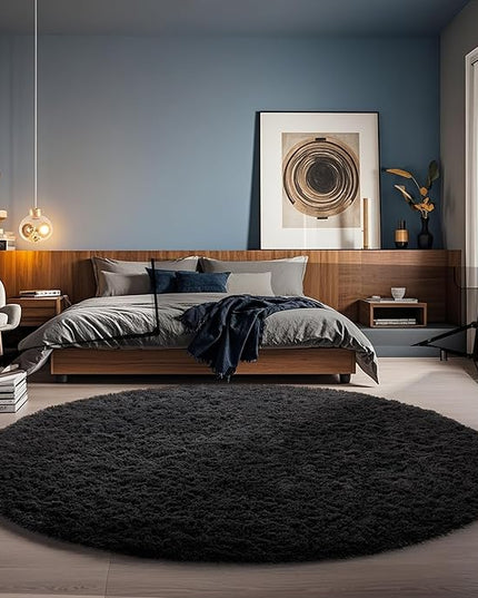 Ophanie Round Rug 5Ft Black Circle Area Rug, Room Decor for Men, Fluffy Fuzzy Bedroom Carpet, Plush Soft Shaggy Living Room Rugs for Kids Home Decor Aesthetic, Nursery