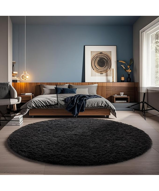 Ophanie Round Rug 5Ft Black Circle Area Rug, Room Decor for Men, Fluffy Fuzzy Bedroom Carpet, Plush Soft Shaggy Living Room Rugs for Kids Home Decor Aesthetic, Nursery