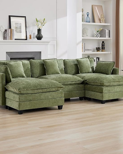 111'' Sectional Cloud Deep Seat Couch, Oversized Chenille U Shaped Sectional Sofa for Living Room Set, Comfy Upholstered Modular 3-Seats Sectional Sofa Couch with 2 Movable Ottoman, Green