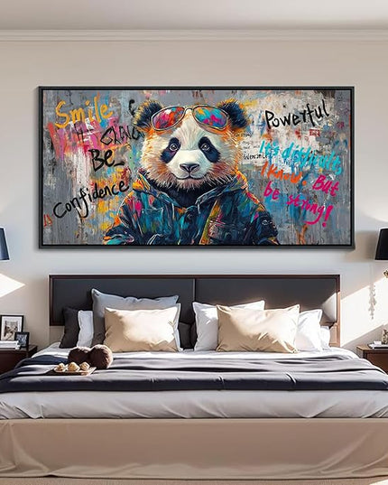 JEAWA Large Canvas Framed Wall Art, Panda Abstract Graffiti Street Art Pop Wall Picture Black and White Paintings Ready to Hang Living Room Bedroom Study Home Office Inspirational Decor 29x58 IN