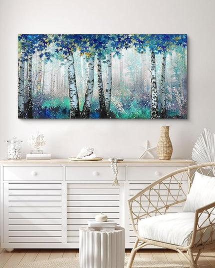 Large White Birch Forest Wall Art Decor Canvas Picture Print Blue Green Tree Blue Maple Leaf Plant Living Room Bedroom Bathroom Office Modern Framed Artwork Home Kitchen Decoration