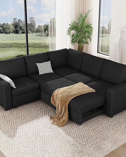 Vesgantti 88.4" Sectional Sleeper Sofa with Pull Out Bed, 5 Seater L Shaped Modular Sectional Couch with Storage, Comfy Corduroy Modular Couch for Living Room, Bedroom, Apartment, Black