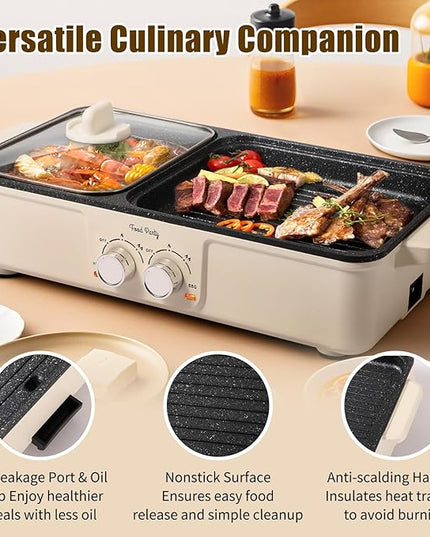 Food Party Hot Pot Electric Grill 2 in 1 Korean BBQ Grill Indoor Smokeless Hotpot Pot Electric Cooker Sahabu Shabu Pot Non Stick (Large)
