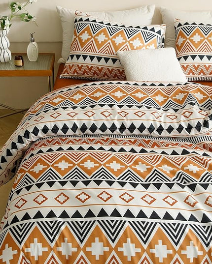 Houseri Boho Orange Comforter Set King Rust Aztec Striped Bedding Sets King Size Women Men Yellow Geometric Bohemian Christmas Warm Soft Cozy Comfy Bed Quilts Blankets Queen