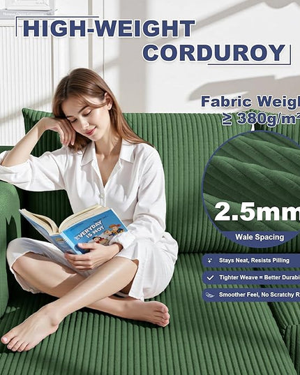 138" Boneless Couches for Living Room, Modular Cloud Couch Sofa - 4 Pieces L Shap Corduroy Sectional Sofa, Fluffy Memory Foam Sleeper Sofa Furniture, No Assembly, Wide Armrest, Green