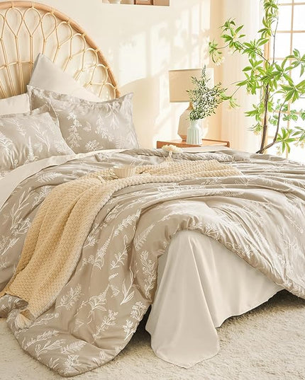 MUXHOMO Taupe Bed in a Bag King 7 Pieces, King Comforter Set Reversible Botanical Flowers Design, Ultra Soft & Breathable Bedding Sets with Comforter, Sheets, Pillowcases & Shams