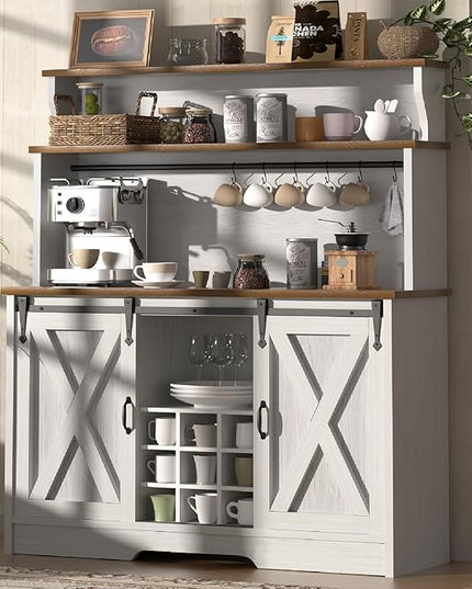 Farmhouse Coffee Bar Cabinet with 3 Tier Storage Hutch, 47'' Coffee Bar Station with Sliding Barn Door, Hutch Storage Cabinet with 9 Wine Racks & 9 Hooks for Kitchen Dining Living Room