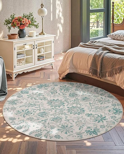 jinchan Torino Classic Floral Round Rug 6ft Vintage-Inspired Design 6’Circle Rug Machine Washable Ultra-Thin Low-Pile Non-Slip Indoor Carpet for Bedroom Dining Room Living Room Entryway