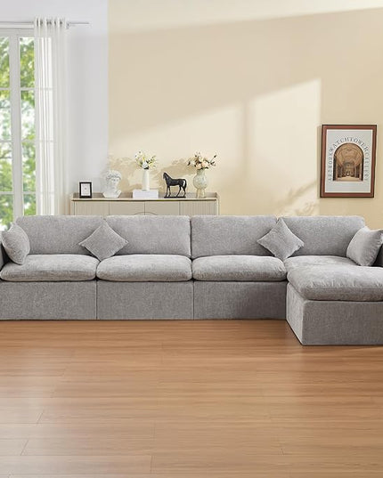 155''Cloud Boneless Sectional Couch, Modular Sectional Sofa Deep Seat with Ottoman, Oversized Upholstered Convertible Comfy 5 Seater Chenille Sofa L Shape Couches for Living Room, Light Grey