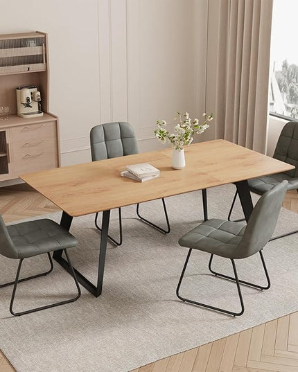 ZckyCine 7-Piece Dining Set, 63"-79" Expandable Mid-Century Modern Table with 6 Chairs, Leather Seat & Backrest, Metal Frame, Oak/Grey for Dining Room/Home