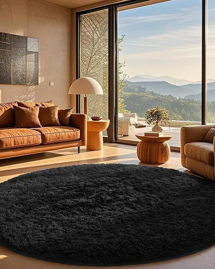 Ophanie Round Rug 8Ft Black Circle Area Rug, Room Decor for Men, Fluffy Fuzzy Bedroom Carpet, Plush Soft Shaggy Living Room Rugs for Kids Home Decor Aesthetic, Nursery