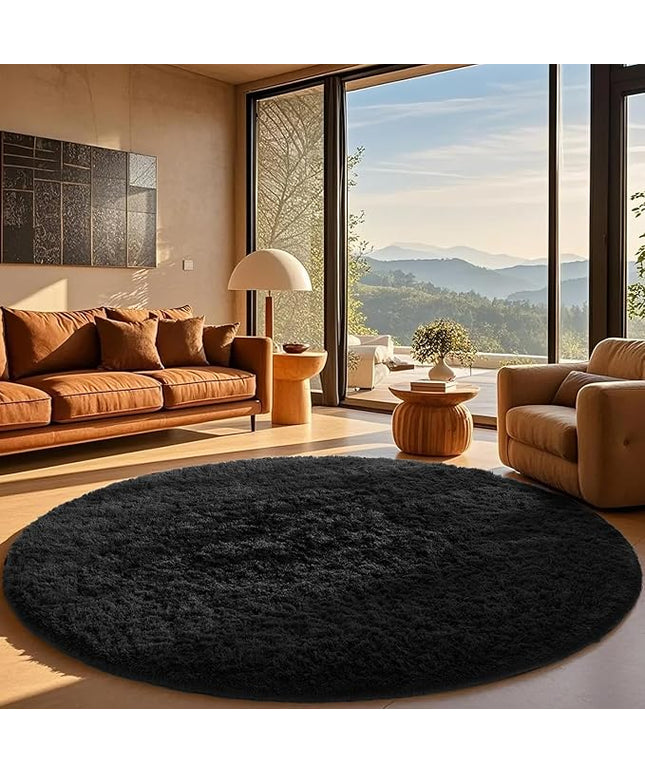 Ophanie Round Rug 8Ft Black Circle Area Rug, Room Decor for Men, Fluffy Fuzzy Bedroom Carpet, Plush Soft Shaggy Living Room Rugs for Kids Home Decor Aesthetic, Nursery