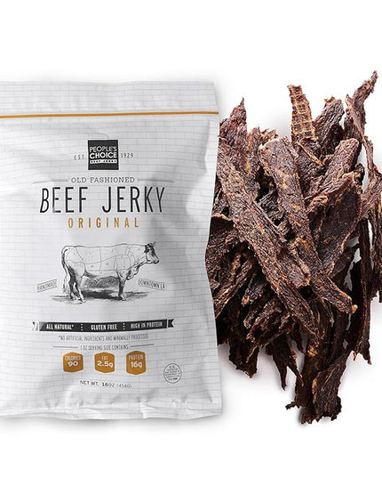 People’s Choice Beef Jerky – Old Fashioned – Original – Sugar Free, Zero Carb, 16g Protein, Keto Friendly – Dry Texture – Made in USA – 1 Pound (16 oz) Bag