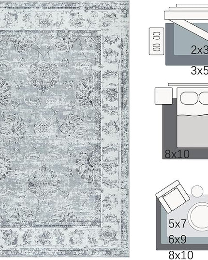 jinchan Fiora 6x9 Area Rug for Living Room Washable Soft Throw Rug Ultra-Thin Stain Resistant Non-Slip Distressed Vintage Floral Large Carpet for Bedroom Dining Room Home Office Nursery(6x9ft, Grey)