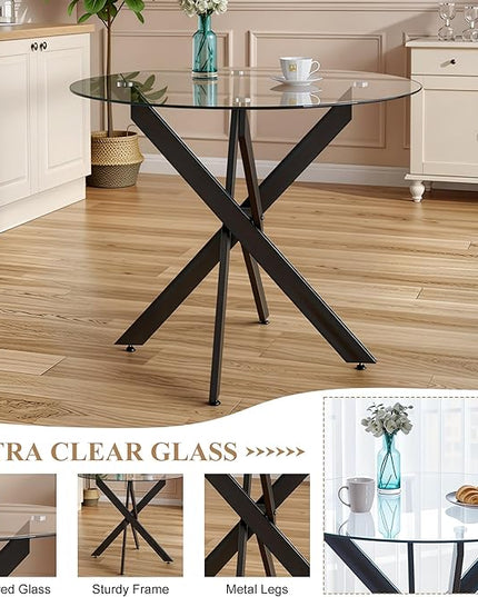 5 Piece Round Glass Dining Table Set for 4, Modern Dining Room Table and Chairs Set, Tempered Glass Top Kitchen Table with 4 Velvet Chairs, Space Saving Dining Set for Small Apartment or Home