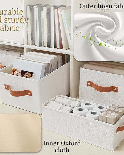 OUTBROS Fabric Storage Boxes, Foldable Bins With Handles, Wardrobe Baskets for Organizing, For bedrooms, living rooms, Shelves, White, 16.1 x 6.5 x 9.8 inch, 6-Pack