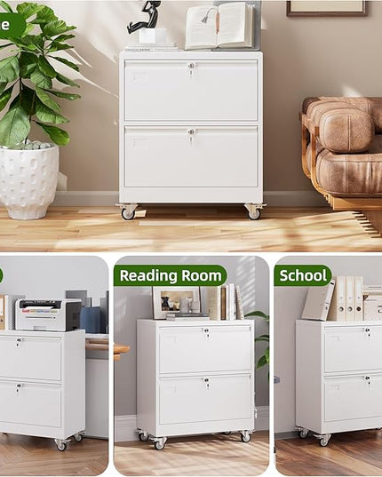 METAN Upgrade 2 Drawers Lateral File Cabinet on Wheels,Steel Office Filing Storage Cabinet with 2 Locks,White,Assembly Required