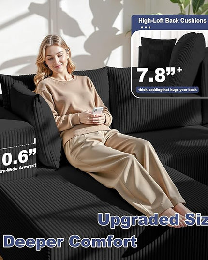 138" Boneless Couches for Living Room, Modular Cloud Couch Sofa - 5 Pieces U Shap Corduroy Sectional Sofa, Fluffy Memory Foam Sleeper Sofa Furniture, No Assembly, Wide Armrest, Black