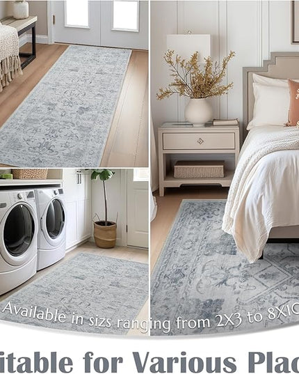 jinchan 2x3 Washable Rug for Entryway - Vintage Floral Ultra-Thin Low Pile Soft Small Non-Slip Distressed Indoor Doormat Accent Rug for Entrance Kitchen Bathroom Bedroom (2x3ft, Grey)