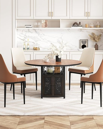 47" Round Dining Table Set for 4-6 People, Large Farmhouse Kitchen Dining Table Set with Chairs and Storage Rack, Metal Base Round Table for Home Dining Room Living Room (Cat table and 4 brown chairs)