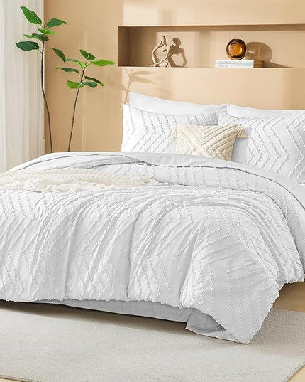 Litanika White Comforter Full Size Set with Sheets - 7 Pieces Boho Bed in a Bag Chevron Tufted Complete Bedding Sets Lightweight All Season Bed Set with Comforter, Sheets, Pillowcases & Shams