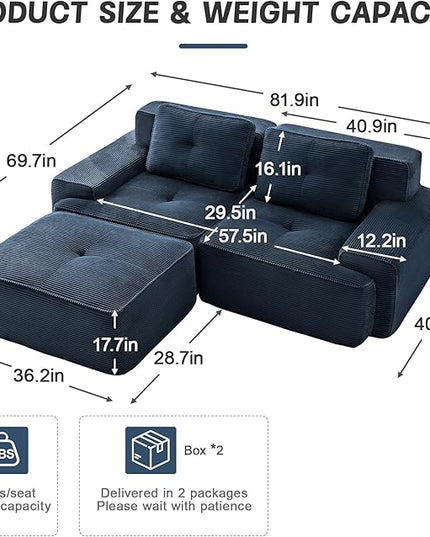 82" Convertible Modular Couches, Deep Seat L Shaped Sofas for Living Room, Modern 2 Seater Love Seat Sofa with 1 Ottoman for Small Space, Comfy Cloud Sectional Sofa Set, Corduroy Fabric Blue