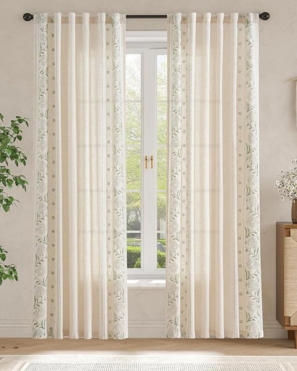 jinchan Winslow Linen Curtains for Bedroom 84 Inches Length Embroidered Bordered Floral Curtains for Living Room Farmhouse Decor Light Filtering Window Treatments Sage on Beige Drapes 2 Panels