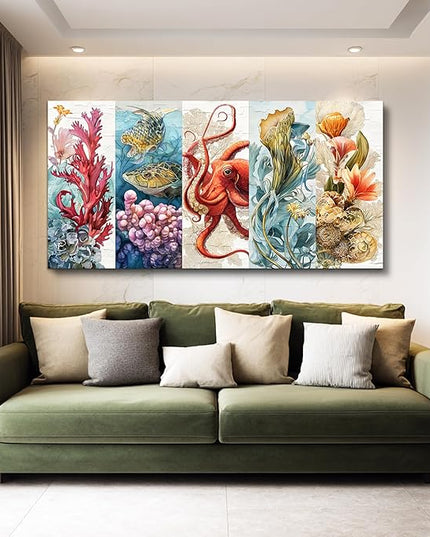 XIGUANGART Bathroom Framed Canvas Wall Art Undersea Abstract Pictures Octopus Coral Reef Vibrant Colorful Marine Animals Painting Large Wall Decor for Living Room Bedroom Nautical Home Decorations
