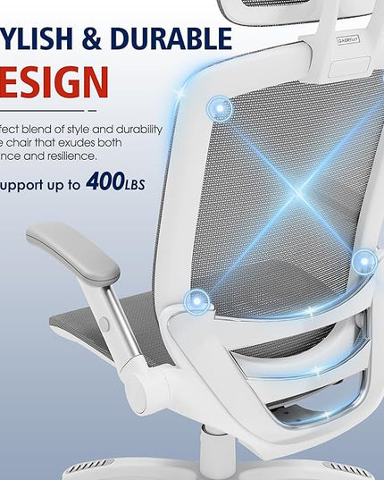 GABRYLLY Ergonomic Office Chair, High Back Home Desk Chair with Headrest, Flip-Up Arms, 90-120° Tilt Lock and Wide Cushion, 400LBS Mesh Chairs for Man Woman, White Task Chair(Dark Grey,GY01WDG)