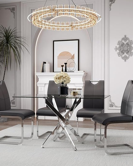 5 Piece Dining Table Table Set, Modern Tempered Glass Dining Table Set for 4 Kitchen Table Set with 4 Upholstered Chairs for Kitchen Dining Room (Sliver Table with Grey Hoop Leg Chairs)