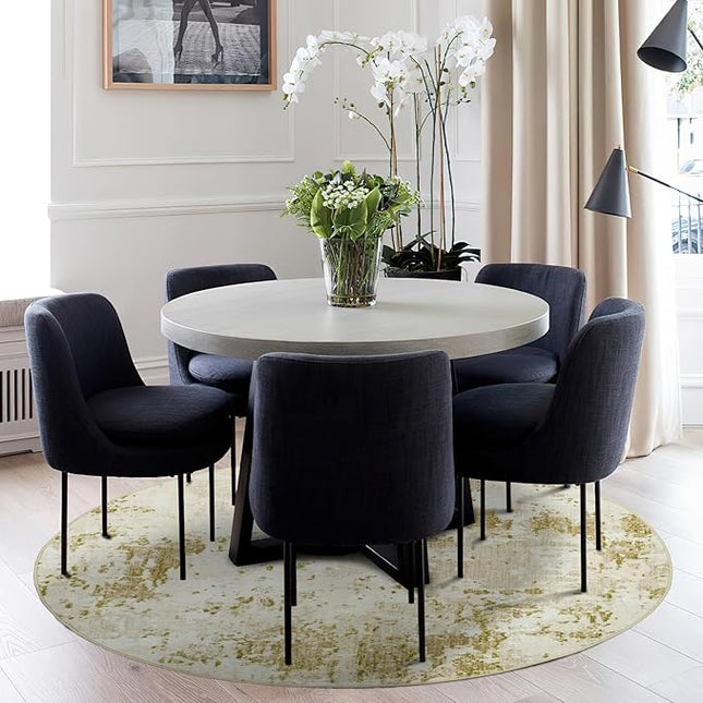 Modern Abstract 4x4 Round Area Rug Non Slip Non Shedding Rug Low Pile Stain Resistant for Bedroom Living Room Office Dining Room,Golden Grey