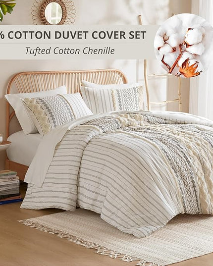 INK+IVY Imani 100% Cotton Duvet Mid Century Modern Design, All Season Comforter Cover Bedding Set, Matching Shams, King/Cal King, Ivory Chenille Tufted Accent 3 Piece
