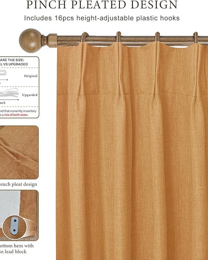 IVAPUPU Linen Pinch Pleated 100% Blackout Curtains for Bedroom - 2 Pages Black Out Gold Curtains 95 Inch Long 2 Panel for Living Room Darkening Thermal Window Curtain Drapes with 16pc Hooks