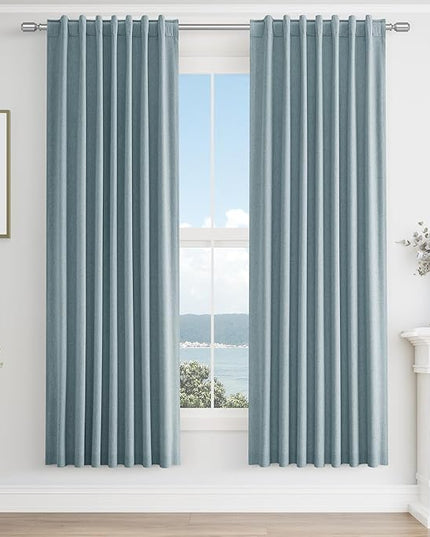 Guken Blue Linen Blackout Curtains 72 Inch Length 2 Panels Set for Living Room Bedroom Back Tab Thermal Insulated 100% Black Out Linen Drapes Room Darkening Window Curtains 72 Inches Long Dusty Blue