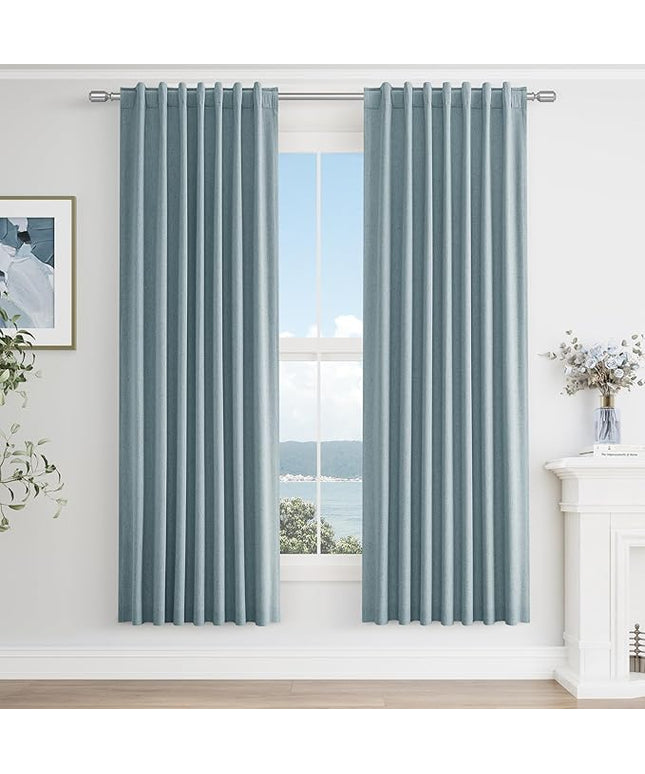 Guken Blue Linen Blackout Curtains 72 Inch Length 2 Panels Set for Living Room Bedroom Back Tab Thermal Insulated 100% Black Out Linen Drapes Room Darkening Window Curtains 72 Inches Long Dusty Blue