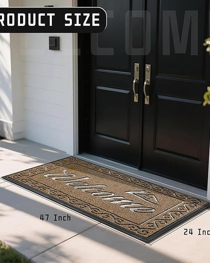 Yimobra Welcome Mat, Heavy Duty Sturdy Door Mats for Home Entrance Outdoor Indoor, Front Doormat for Outside Patio Floor Entry Porch Garage Office, Waterproof, Low Profile, 47 x 24, Beige Brown